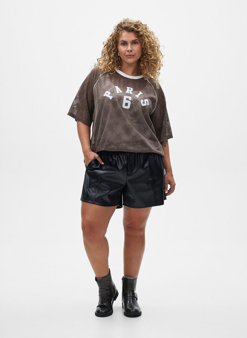 Pitsinen T-paita teksti-printillä, Ruskea, Model image number 1