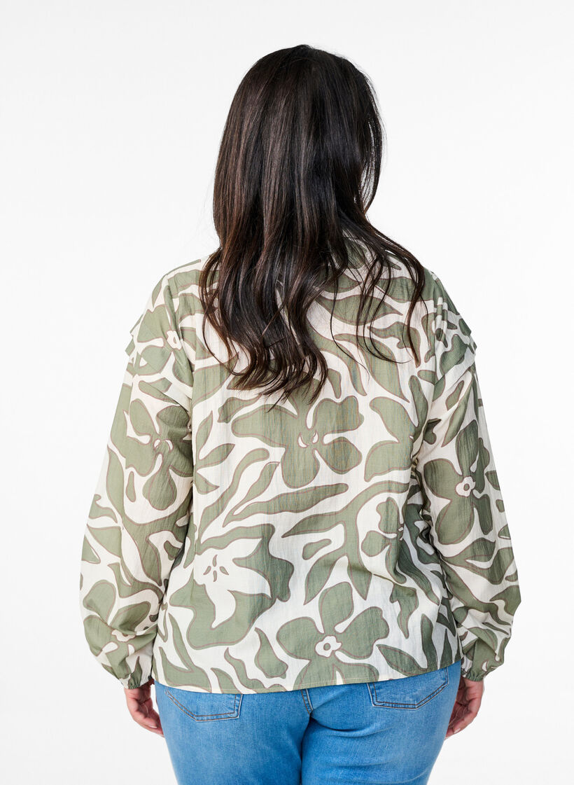 Kuviollinen paitapusero röyhelöyksityiskohdilla, Vihreä, Model image number 2