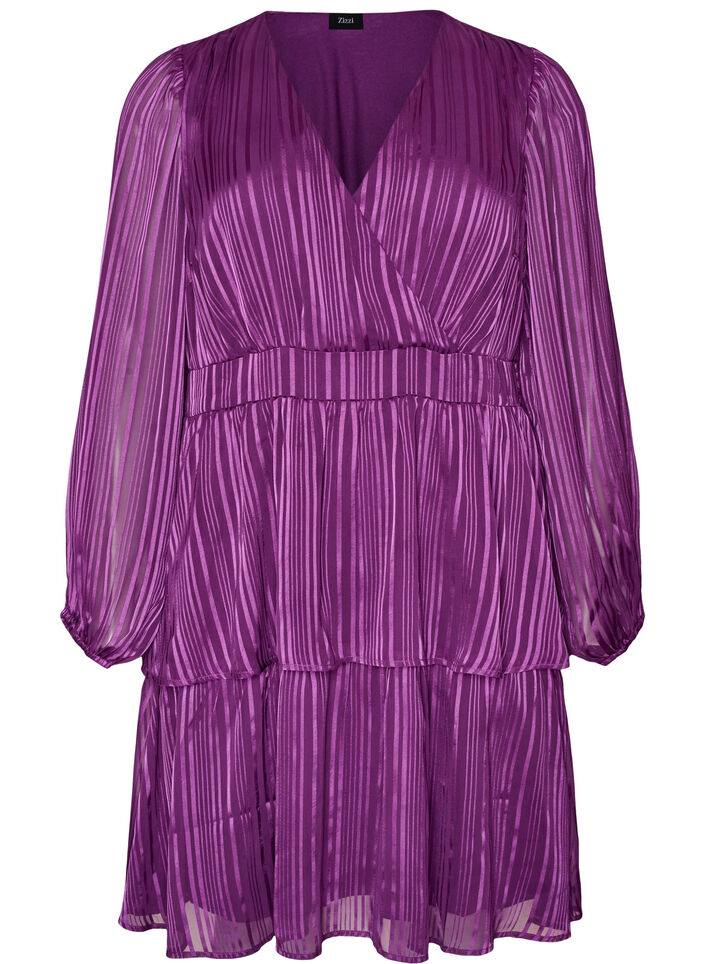 Polvipituinen mekko l&auml;pikuultavilla raidoilla ja kietaisuefektill&auml;, Violetti, Packshot image number 0