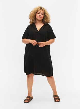 Puuvillan ja pellavan sekoitteesta valmistettu hupullinen mekko, Black, Model image number 2