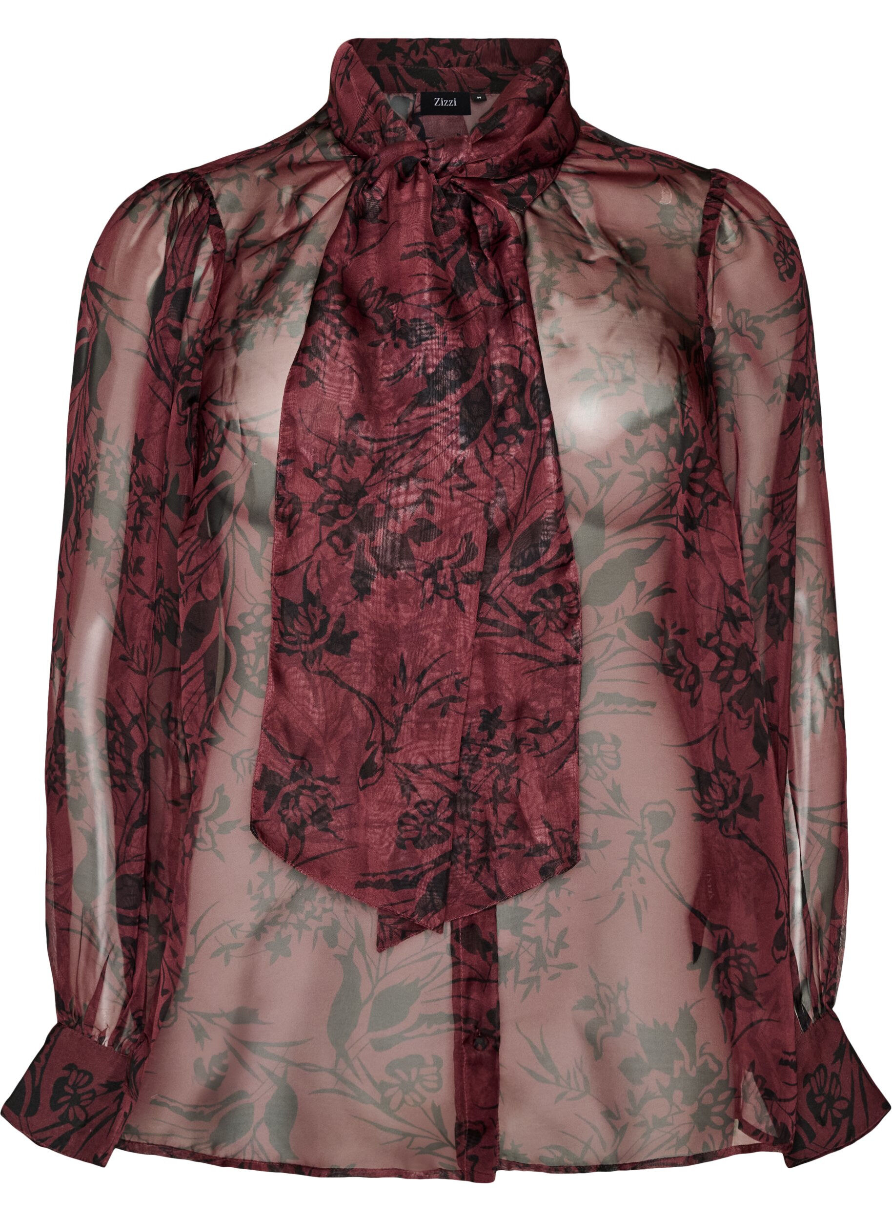 ZizziL&auml;pikuultava paitapusero kukkakuviolla ja solmimisdetaljilla, Tumma Bordeaux, Packshot image number 0