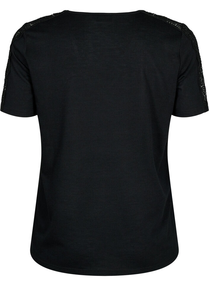 Lyhythihainen pusero pitsillä ja v-pääntiellä, Black, Packshot image number 1