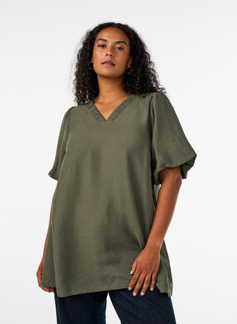 Tunika pallohihoilla ja V-p&auml;&auml;ntiell&auml;, Vihre&auml;, Model image number 0