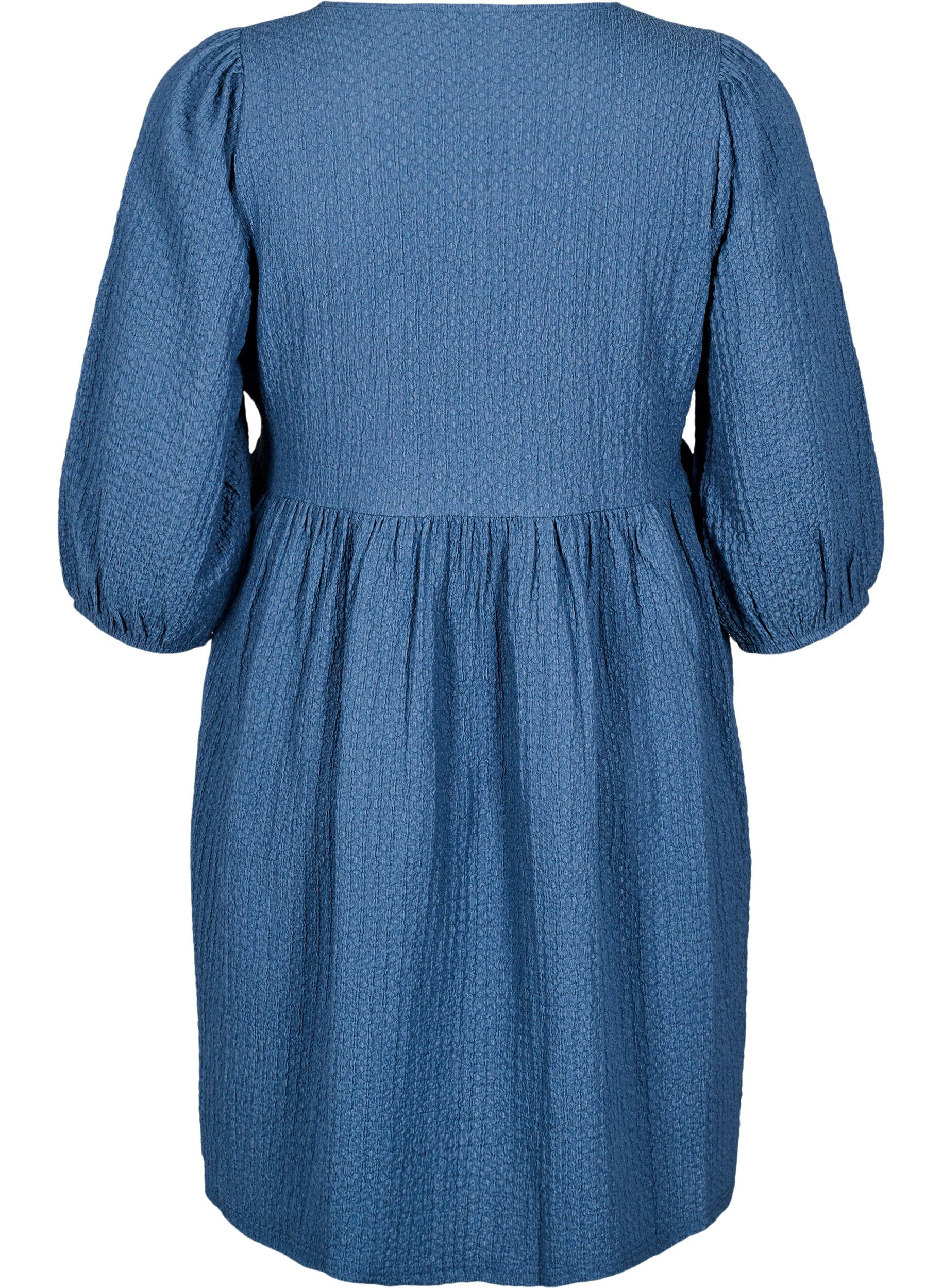 Zizzi Lyhyt mekko tekstuurilla ja 3/4-hihoilla, Sininen, Packshot image number 1