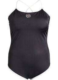 Urheilu-uimapuku kontrastikaitaleilla ja ristiin menevill&auml; olkaimilla, Musta