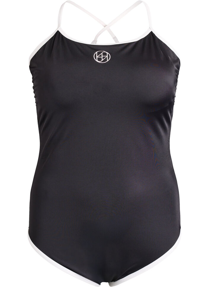 Urheilu-uimapuku kontrastikaitaleilla ja ristiin menevill&auml; olkaimilla, Musta, Packshot image number 0