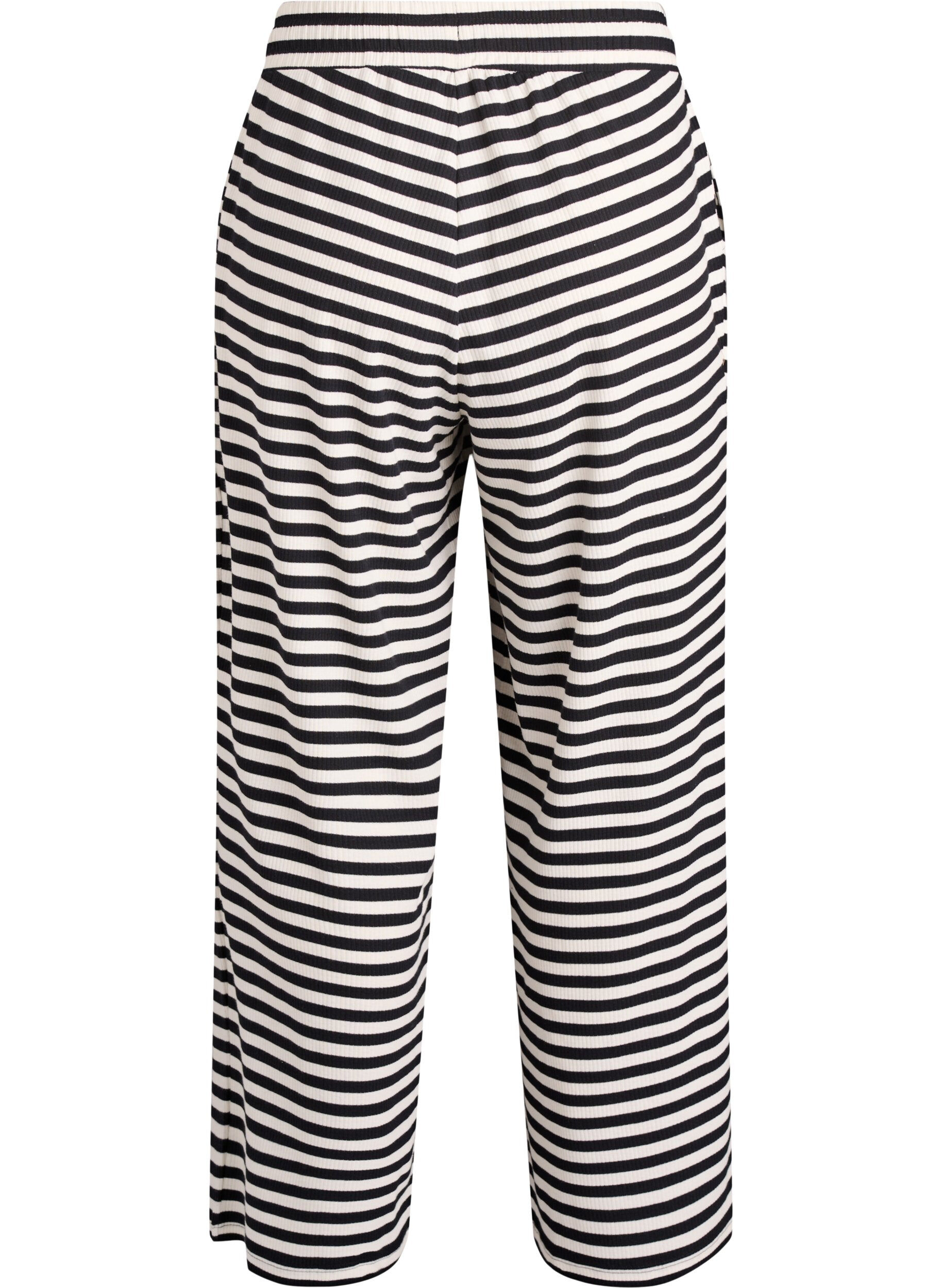 ZizziRaidalliset pyjamahousut korkealla vy&ouml;t&auml;r&ouml;ll&auml; ja leveill&auml; lahkeilla, Musta, Packshot image number 1