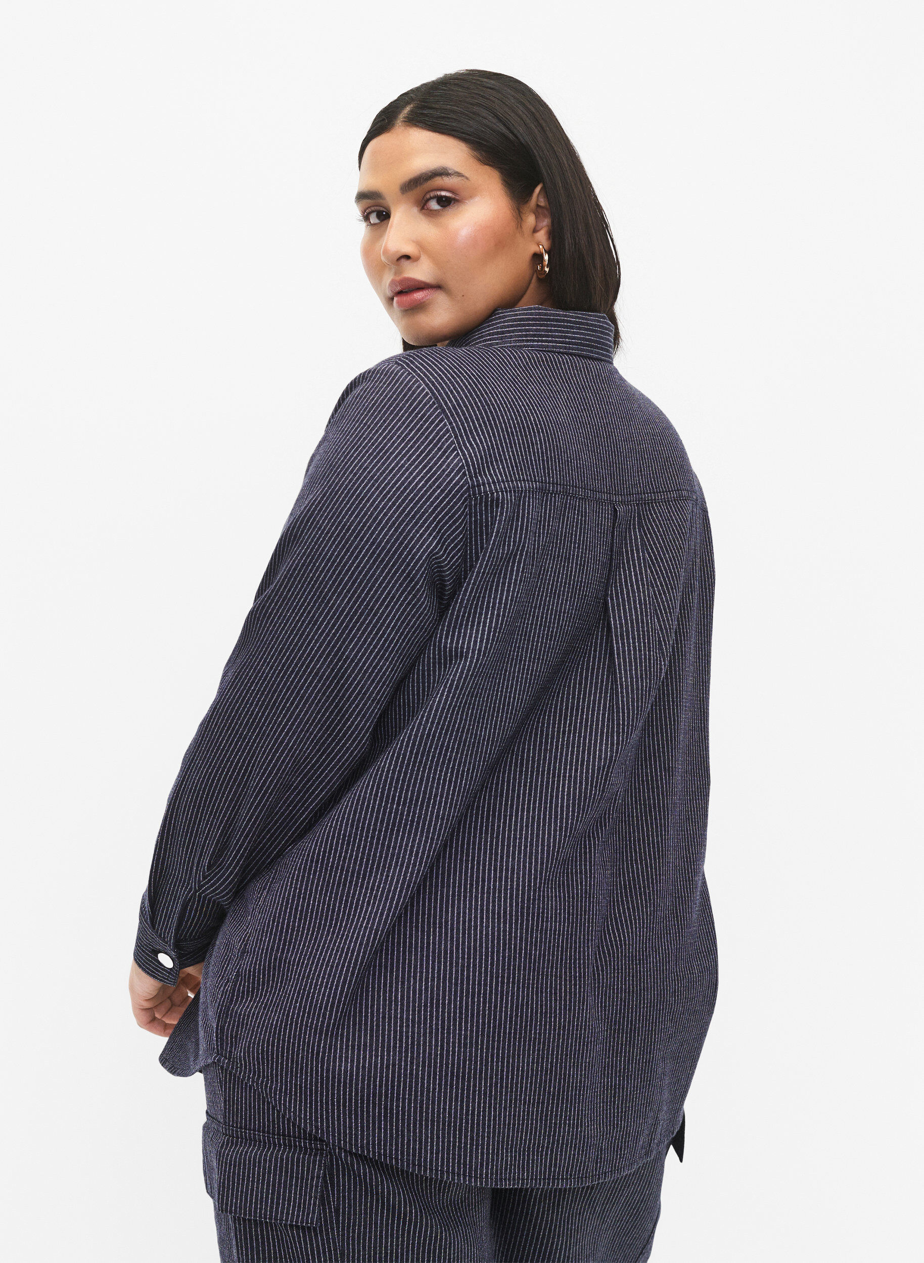 Zizzi Liituraita-puuvillapaita, Dark Blue Stripe, Model image number 1