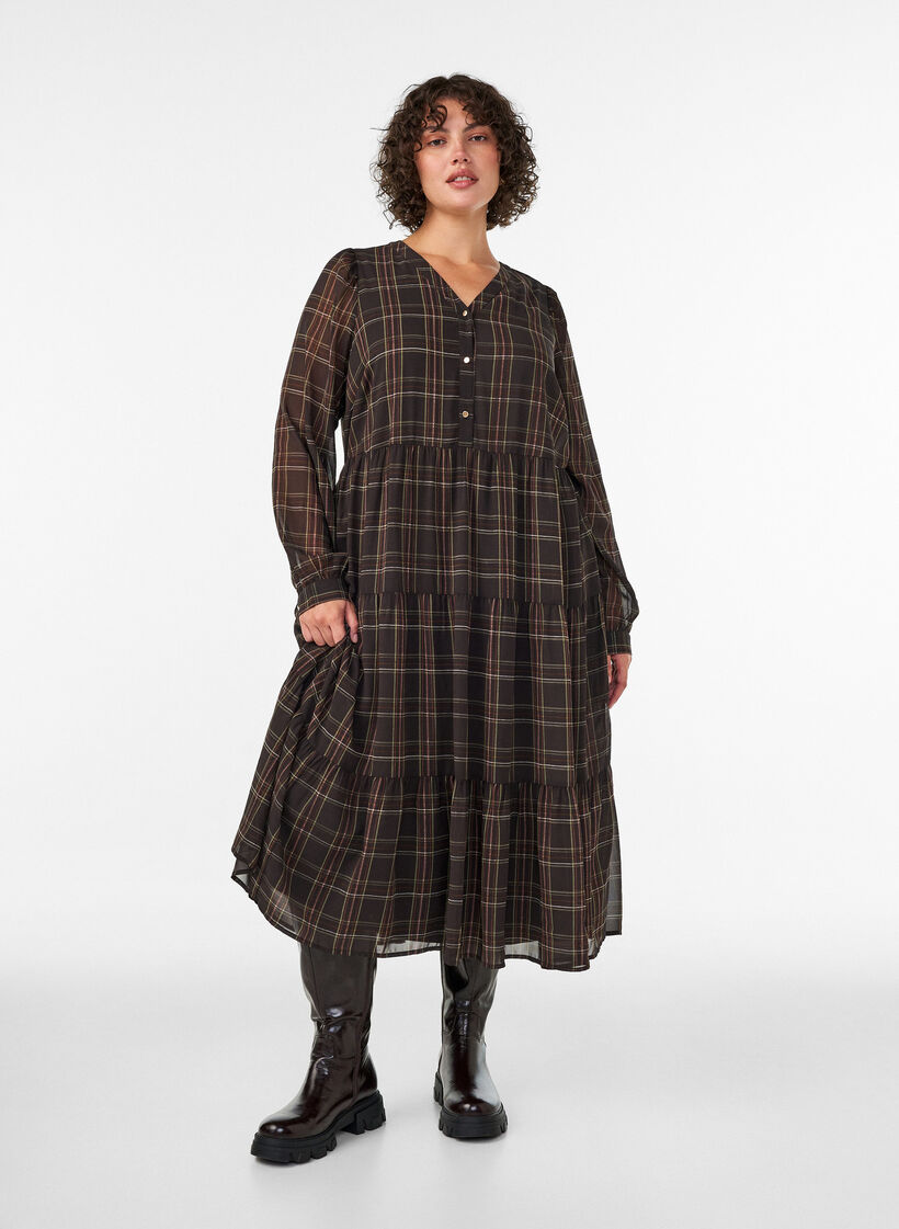 Ruudullinen midimekko kerroshelmalla, Ruskea, Model image number 0