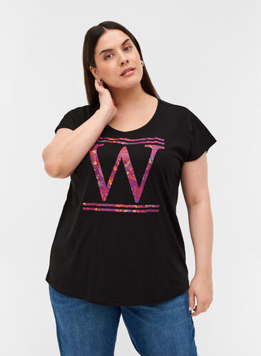 Puuvillainen t-paita värikkäällä printillä , Black W, Model image number 0