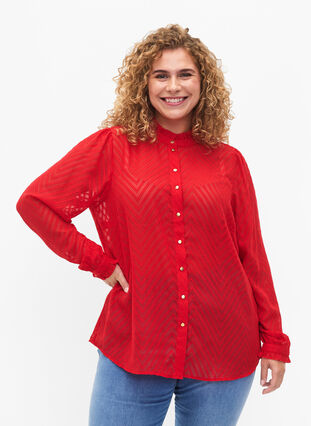 Paitapusero, jossa on röyhelöitä ja kuvioitu koostumus, Tango Red, Model image number 0