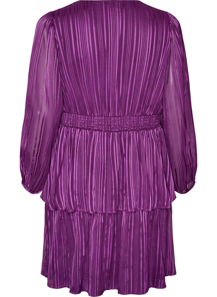 Polvipituinen mekko l&auml;pikuultavilla raidoilla ja kietaisuefektill&auml;, Violetti, Packshot image number 1