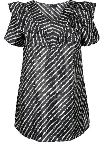 Raitainen tunikka koristeellisilla frillseillä, Black/White Stripes, Packshot image number 0