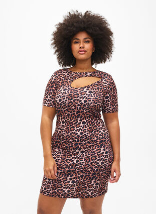 Tyköistuva leopardikuvioinen mekko, jossa on aukkokoriste, Leopard AOP, Model image number 0