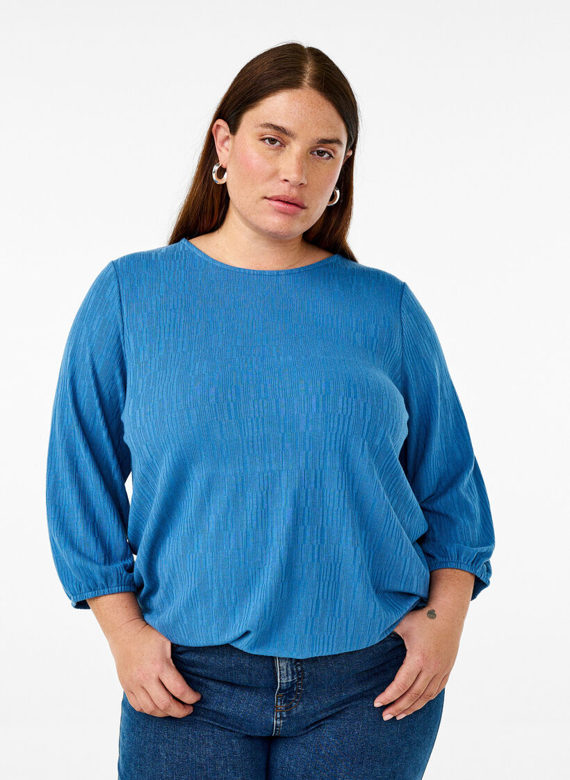 Pusero tekstuurilla ja 3/4-hihoilla, Sininen, Model image number 0
