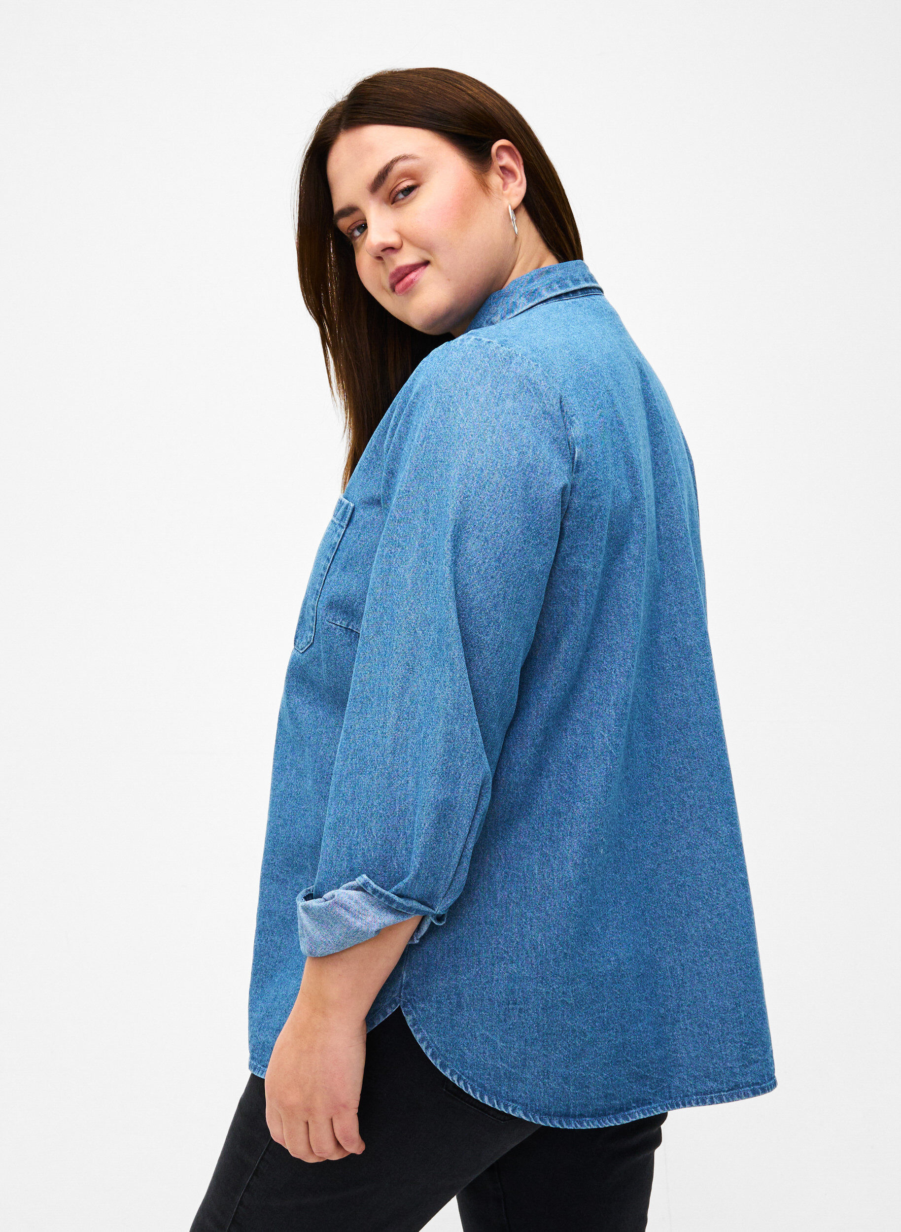 ZizziPitk&auml;hihainen farkkupaita rintataskulla, Light Blue Denim, Model image number 1