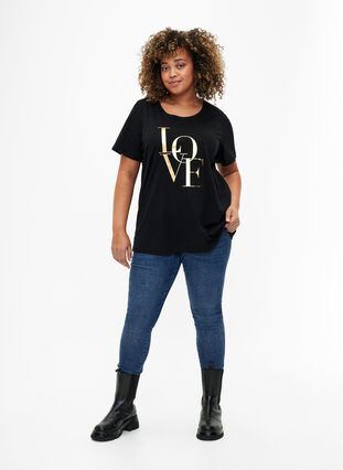 Puuvillainen T-paita, jossa on kullanvärinen teksti, Black w. Gold Love, Model image number 2