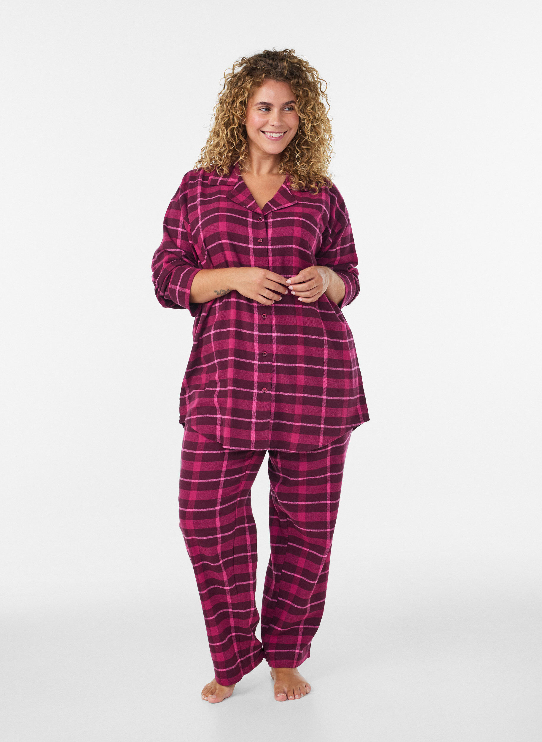 ZizziPitk&auml;hihainen ruudullinen puuvillapyjamapaita, Punainen, Model image number 1