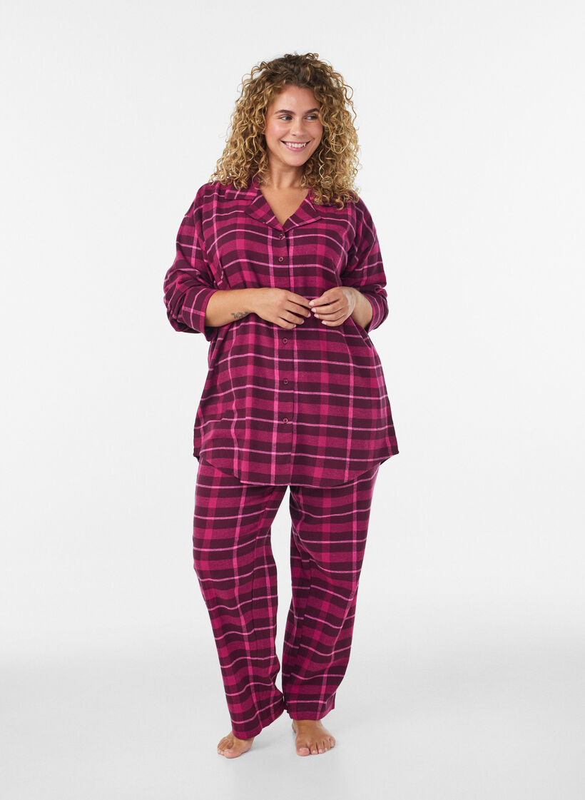 Pitk&auml;hihainen ruudullinen puuvillapyjamapaita, Punainen, Model image number 1