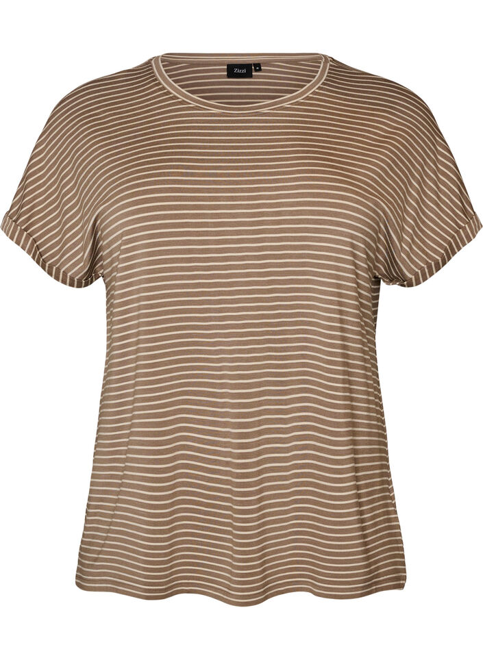 Raidallinen T-paita viskoosista py&ouml;re&auml;ll&auml; p&auml;&auml;ntiell&auml;, Beige, Packshot image number 0