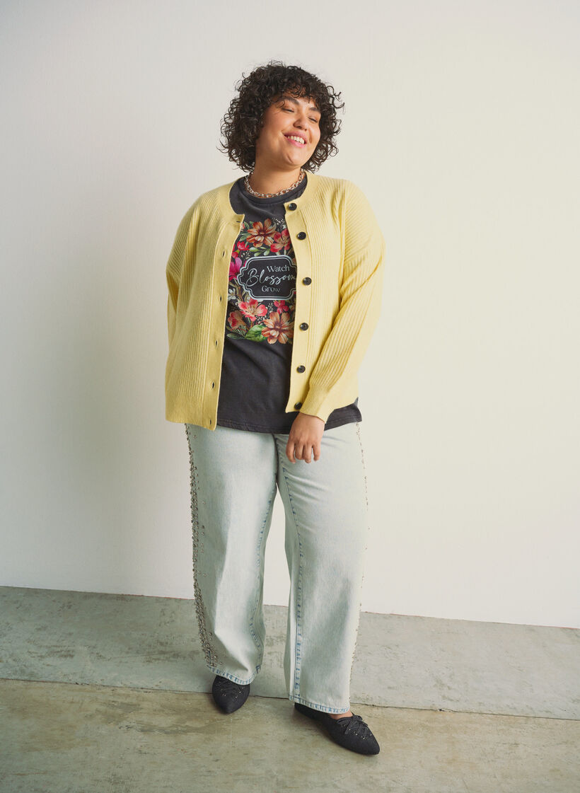 Ribbineuloksesta valmistettu neuletakki napeilla, Keltainen, Image