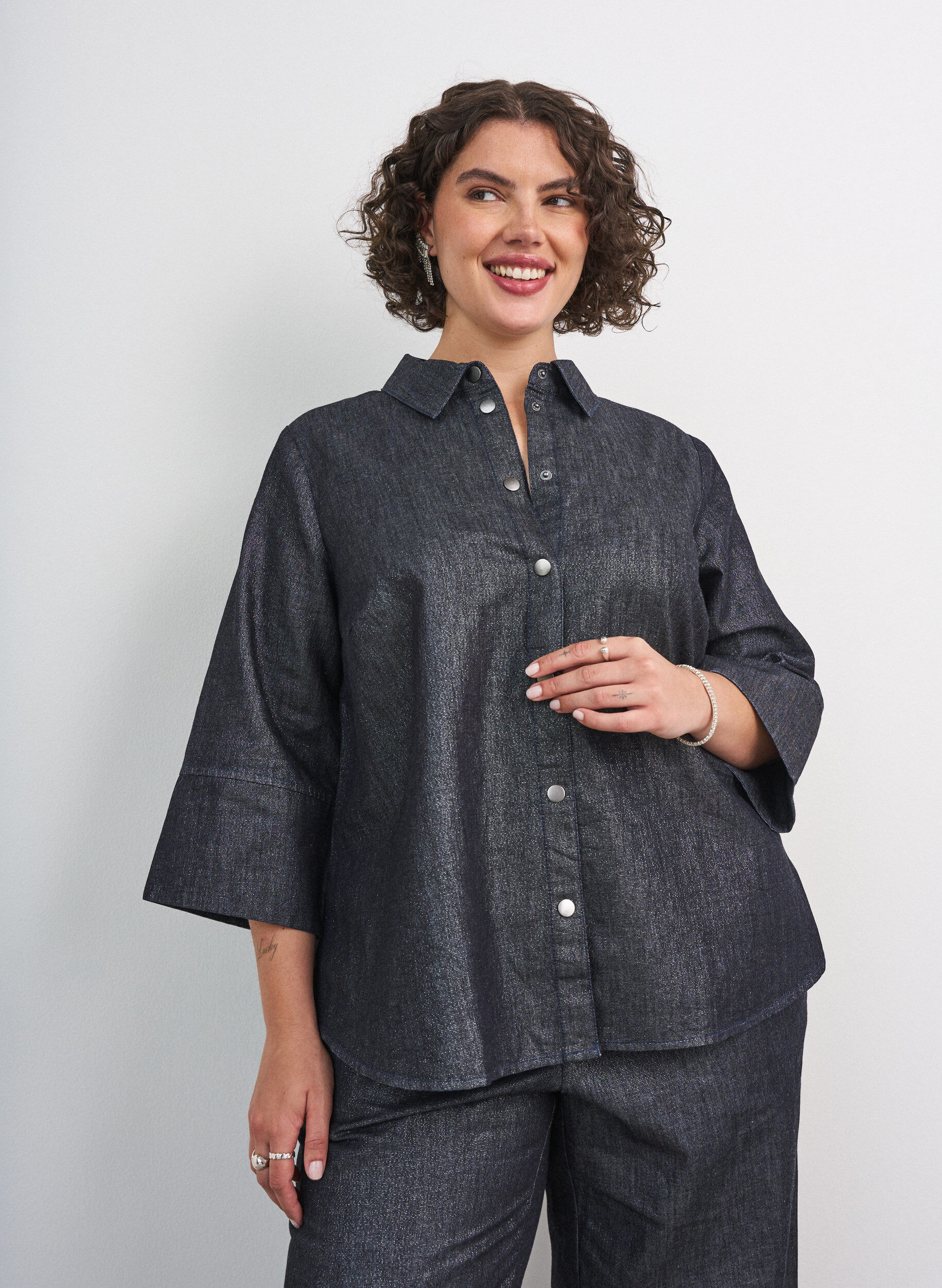 ZizziDenim-paita glitterlangalla ja 3/4-hihat, Harmaa, Model image number 0