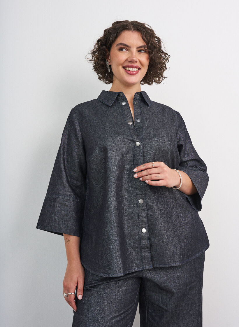 Denim-paita glitterlangalla ja 3/4-hihat, Harmaa, Model image number 0