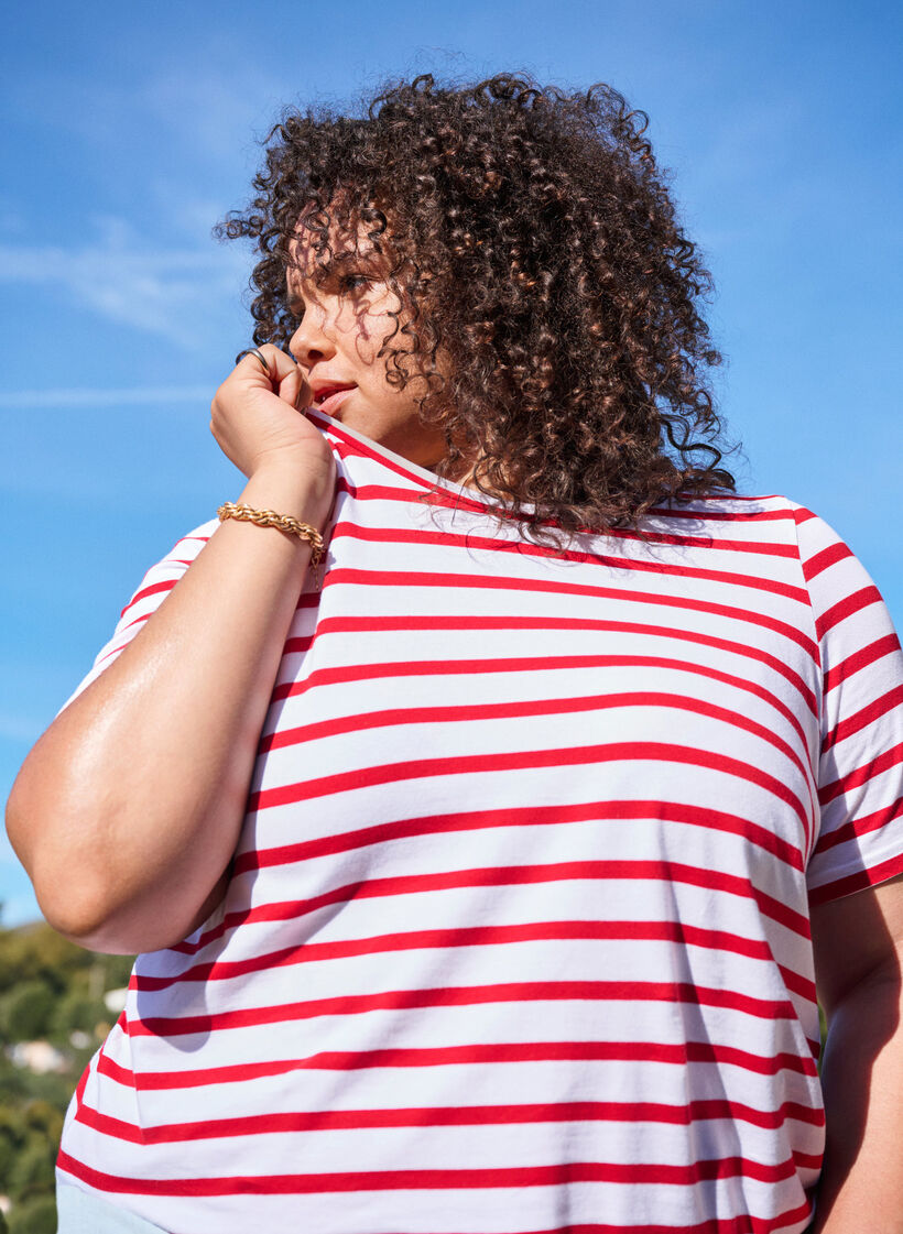 Raidallinen t-paita luomupuuvillaa, Punainen, Image image number 0