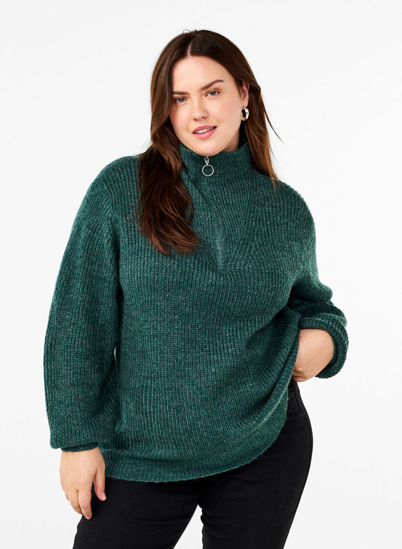 Neulepusero, jossa korkea kaulus ja vetoketju, Vihre&auml;, Model image number 0