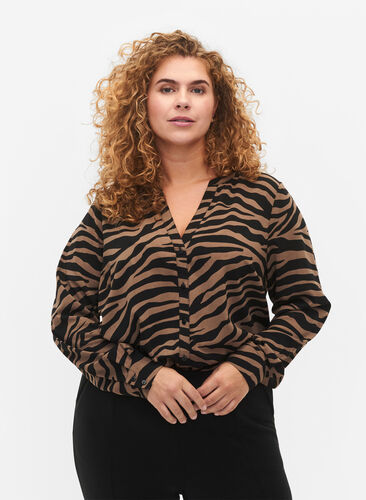 V-kaula-aukkoinen paita seeprakuvioinnilla, Black/Brown Zebra, Model image number 0