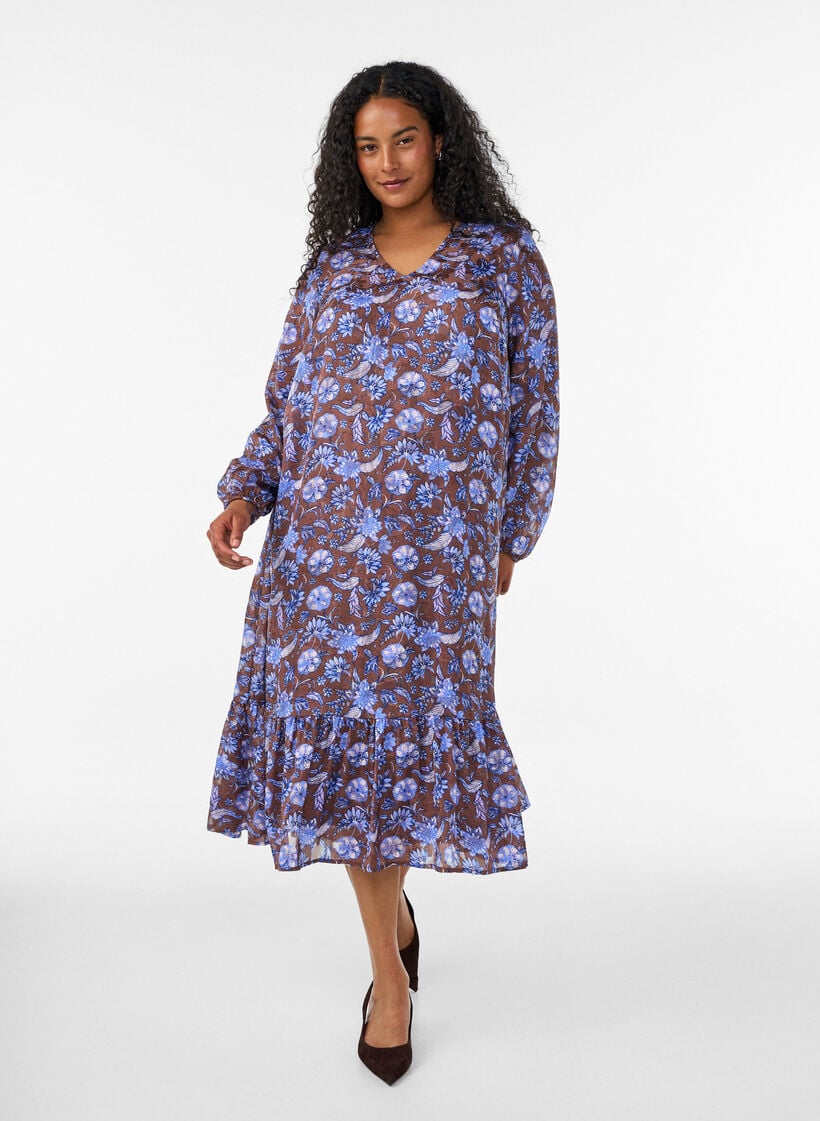 Mekko, jossa on kukkakuviota ja r&ouml;yhel&ouml;helma, Ruskea, Model image number 0