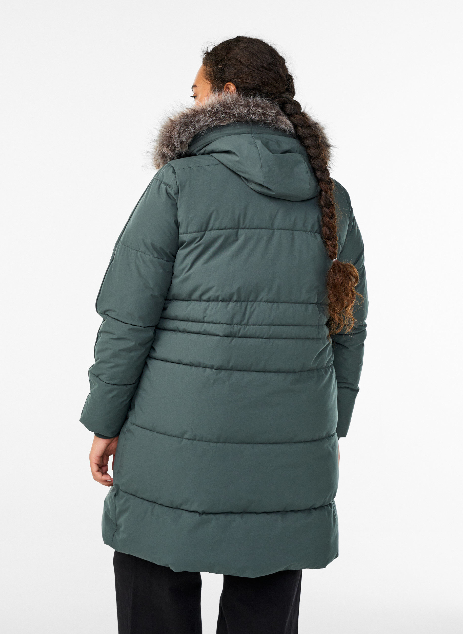 Zizzi Vedenkest&auml;v&auml; parka tekoturkiskauluksella, Vihre&auml;, Model image number 2