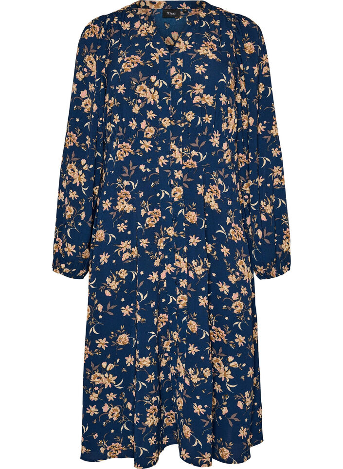 Midi-mekko smockilla ja koristeellisilla napeilla, Sininen, Packshot image number 0