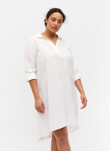 Puuvillasta ja pellavasta valmistettu raidallinen mekko, White, Model image number 0