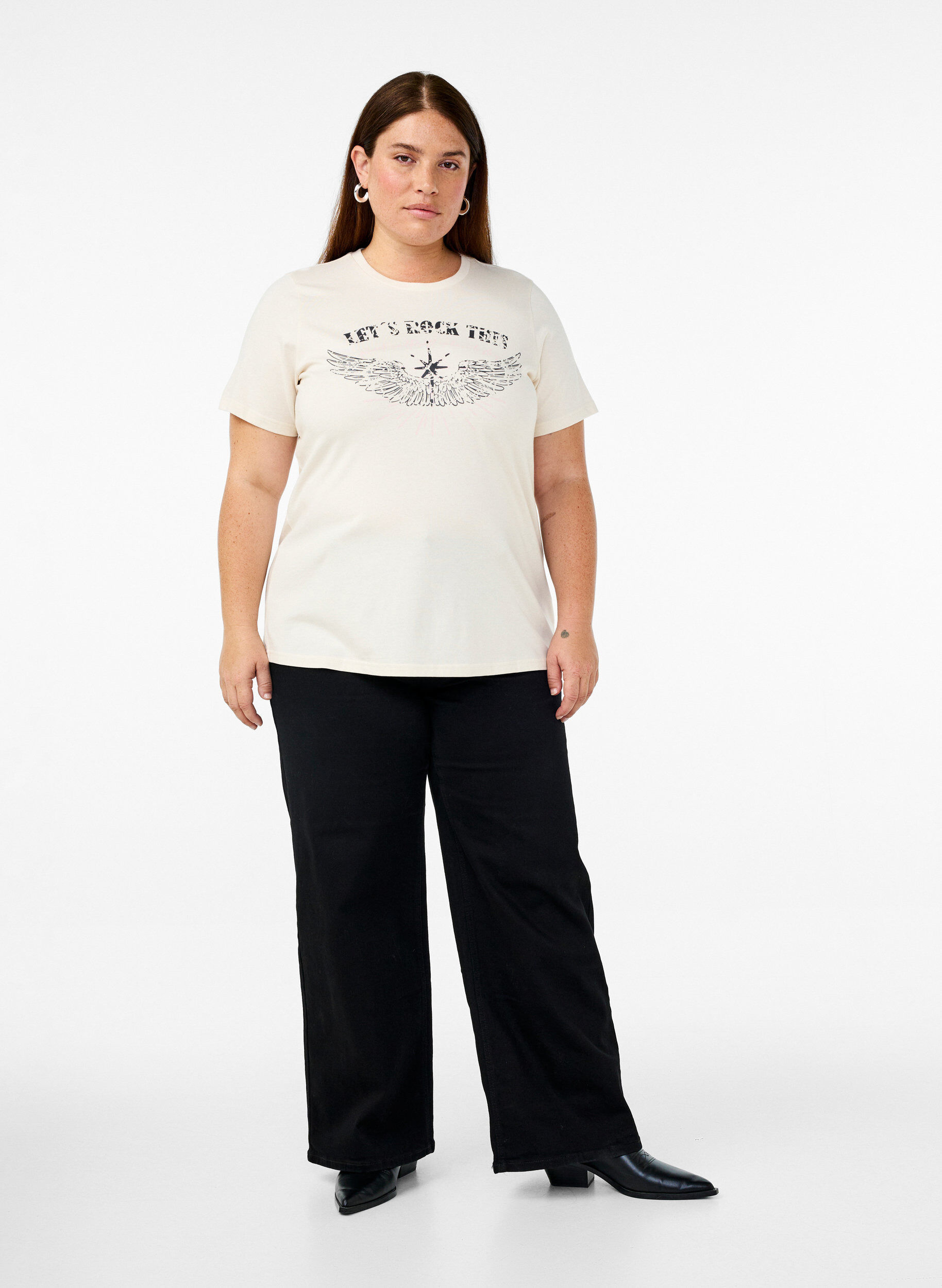 Zizzi Luomupuuvilla T-paita printill&auml; edess&auml;, Valkoinen, Model image number 1