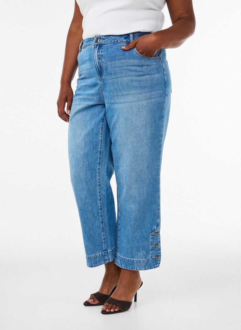 Cropped Kiana -farkut suoralla istuvuudella ja nappiyksityiskohdilla, Sininen, Model image number 2