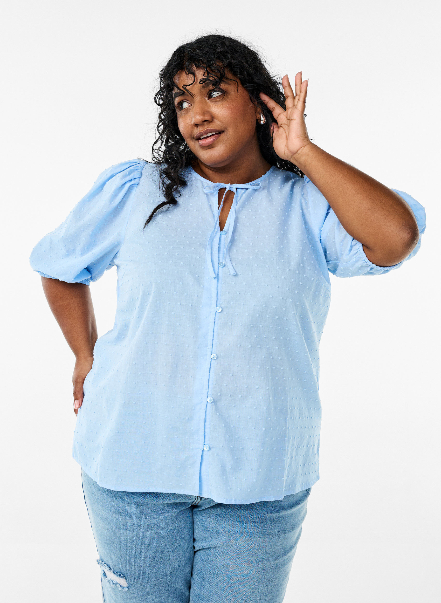 Zizzi Paitapusero, jossa on solmimisnauha ja pilkullinen kuvio, Sininen, Model image number 3