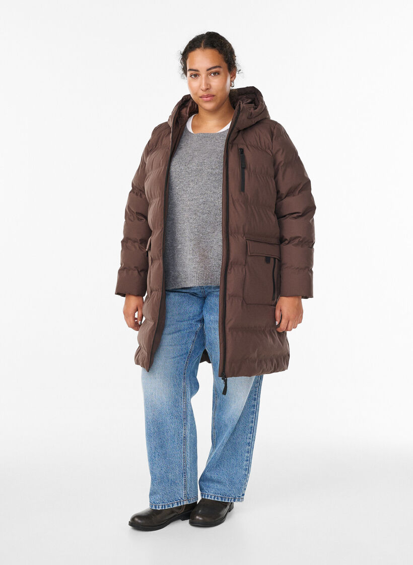 Puffer-takki hupulla ja taskuilla, Ruskea, Model image number 1