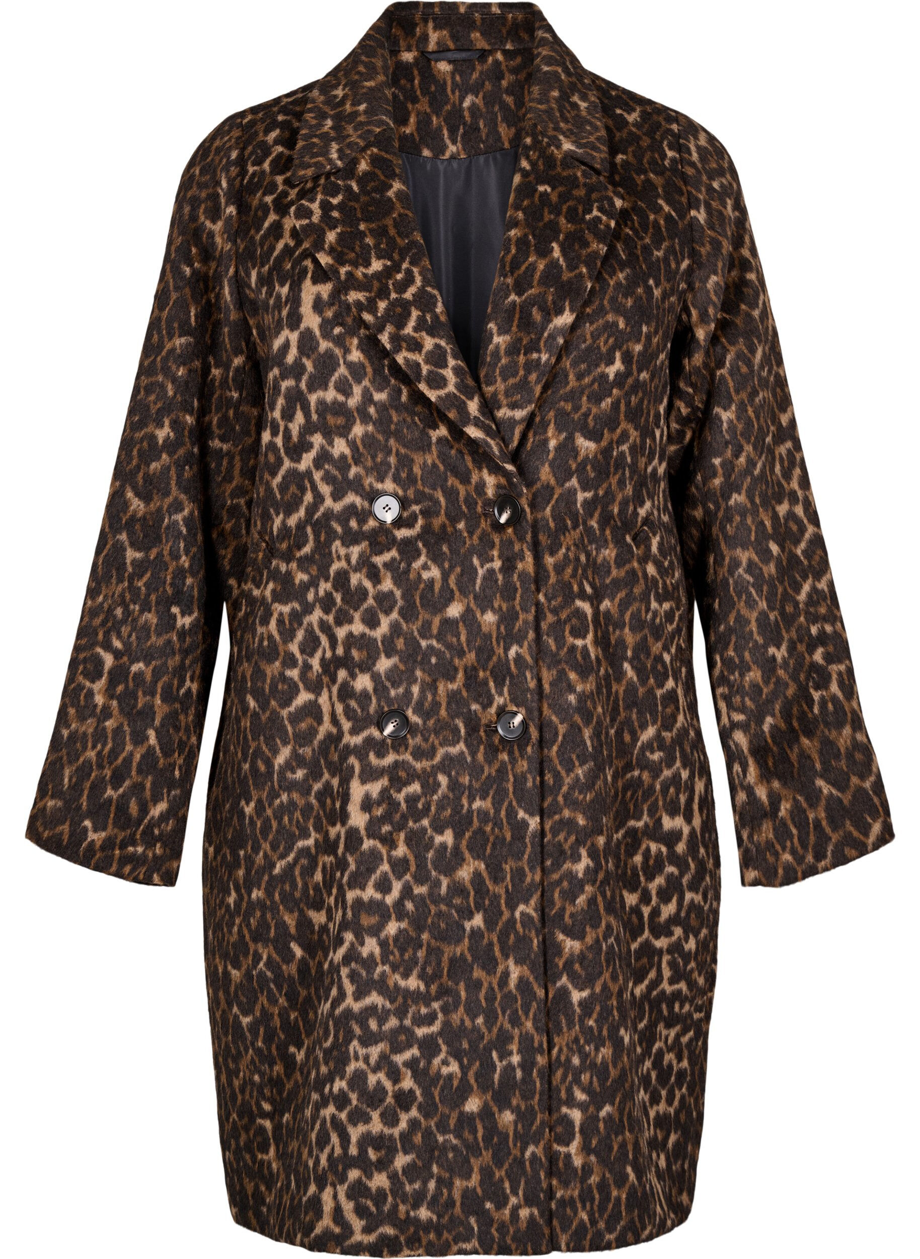 Leopardikuvioinen takki kaksirivisell&auml; nappikiinnityksell&auml;
