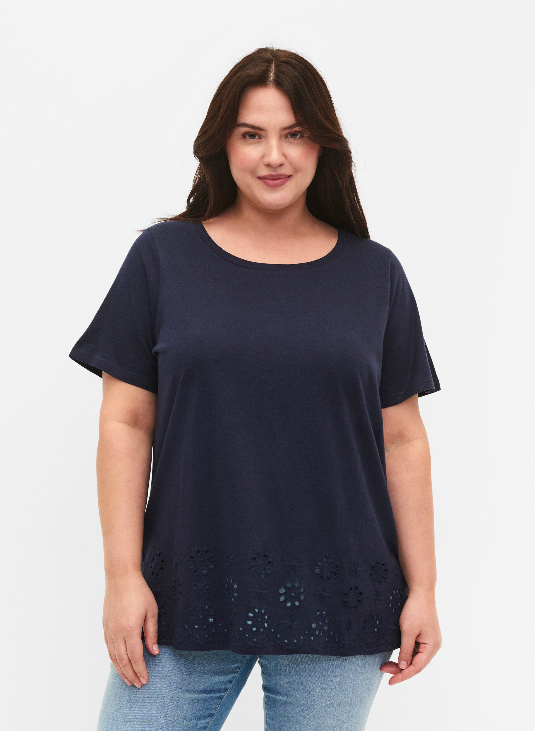 Zizzi Puuvillainen T-paita brodeerauksella, Navy Blazer, Model image number 0