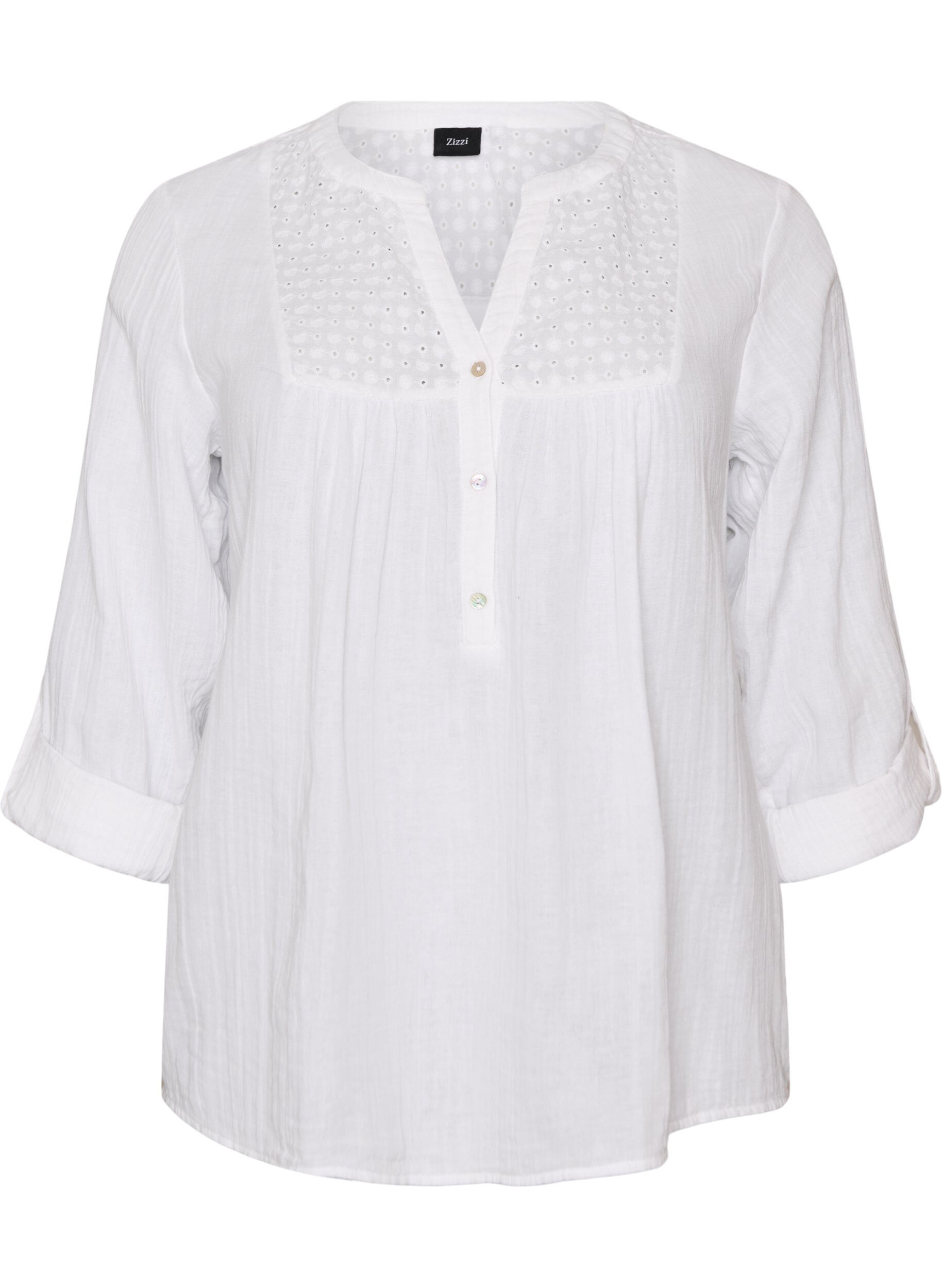 ZizziPaita puuvillamusliinissa, jossa broderie anglaise -kirjailu, Valkoinen, Packshot image number 0
