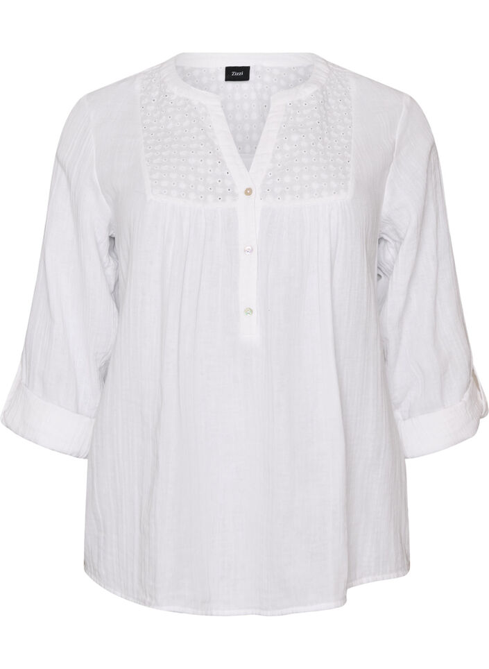 Paita puuvillamusliinissa, jossa broderie anglaise -kirjailu, Valkoinen, Packshot image number 0