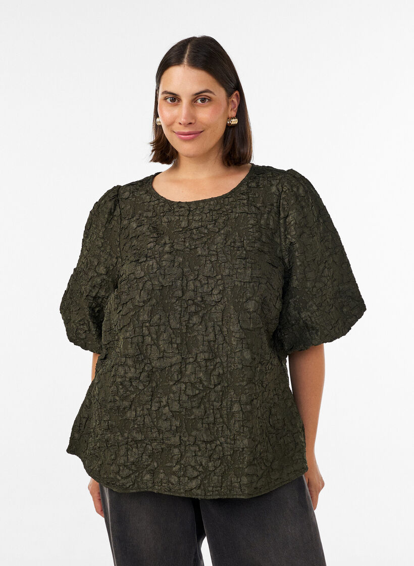Jacquardpusero puhvihihoilla ja A-linjaisella mallilla, Vihre&auml;, Model image number 0