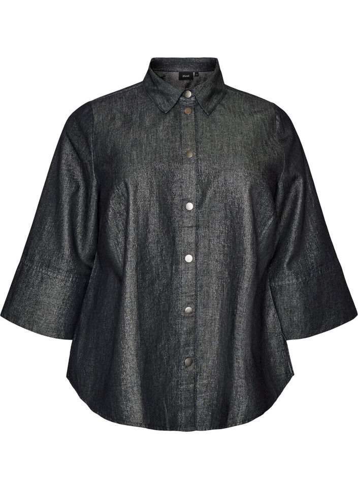 Denim-paita glitterlangalla ja 3/4-hihat, Harmaa, Packshot image number 0