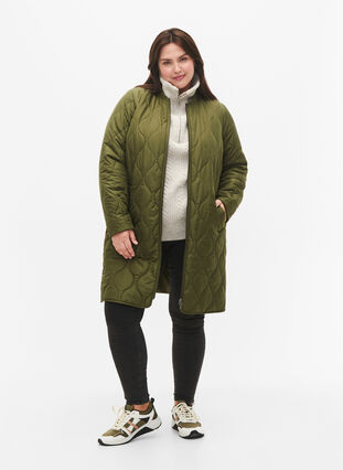 Pitkä topattu takki taskuilla ja vetoketjuilla, Winter Moss, Model image number 4