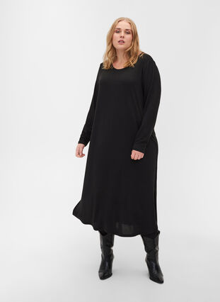 Yksivärinen mekko pitkillä hihoilla ja halkioilla, Black, Model image number 2