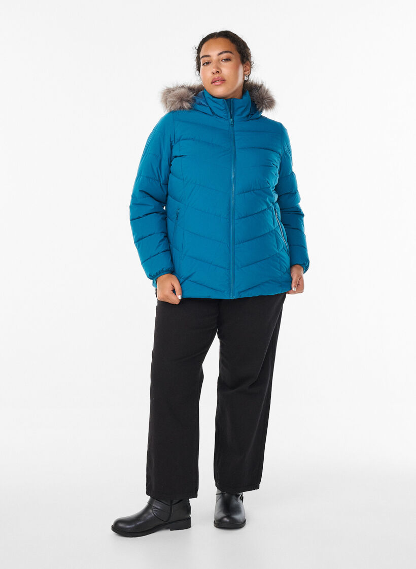 Lyhyt toppatakki hupulla, Sininen, Model image number 1