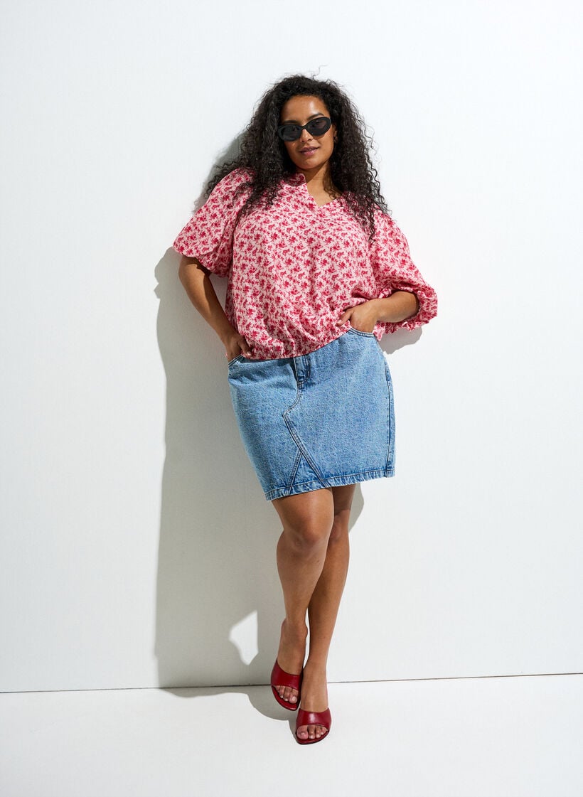 Kukkaisviskoosipusero pallohihoilla, Punainen, Image image number 0