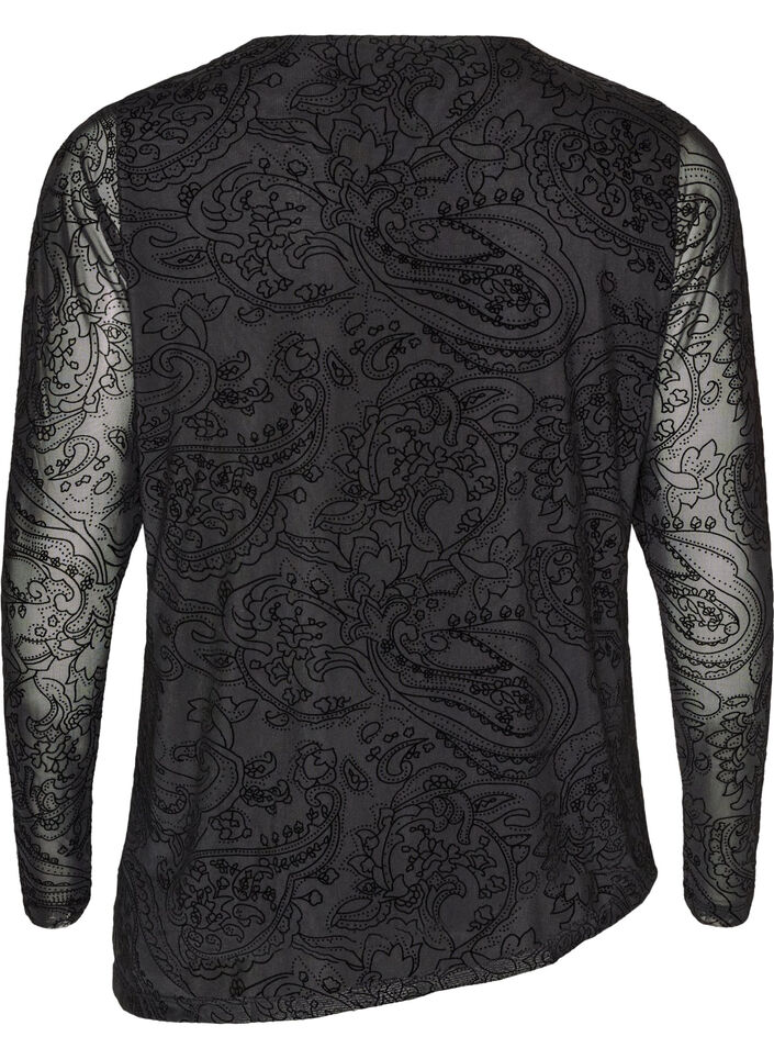 Verkkopusero paisleykuviolla ja ep&auml;symmetrisell&auml; helmalla, Musta, Packshot image number 1