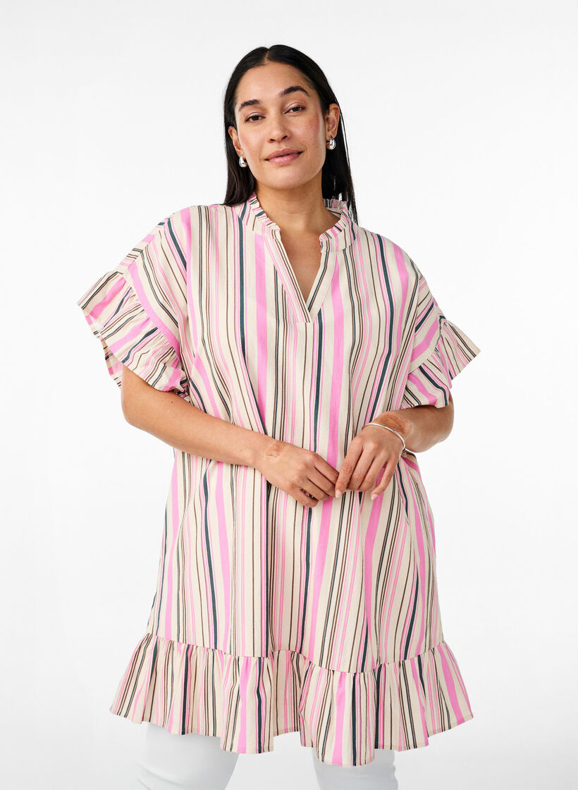 V-pääntiellä ja röyhelöyksityiskohdilla varustettu tunika, Valkoinen, Model image number 0